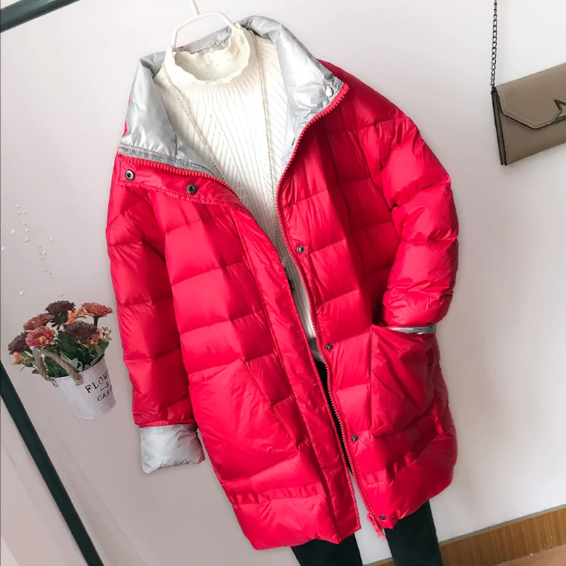 

2022 Winter Women White Duck Down Jacket Stand-up Collar Pocket Patchwork Loose Autumn Outwear Fashion Warm Coat New Korean A