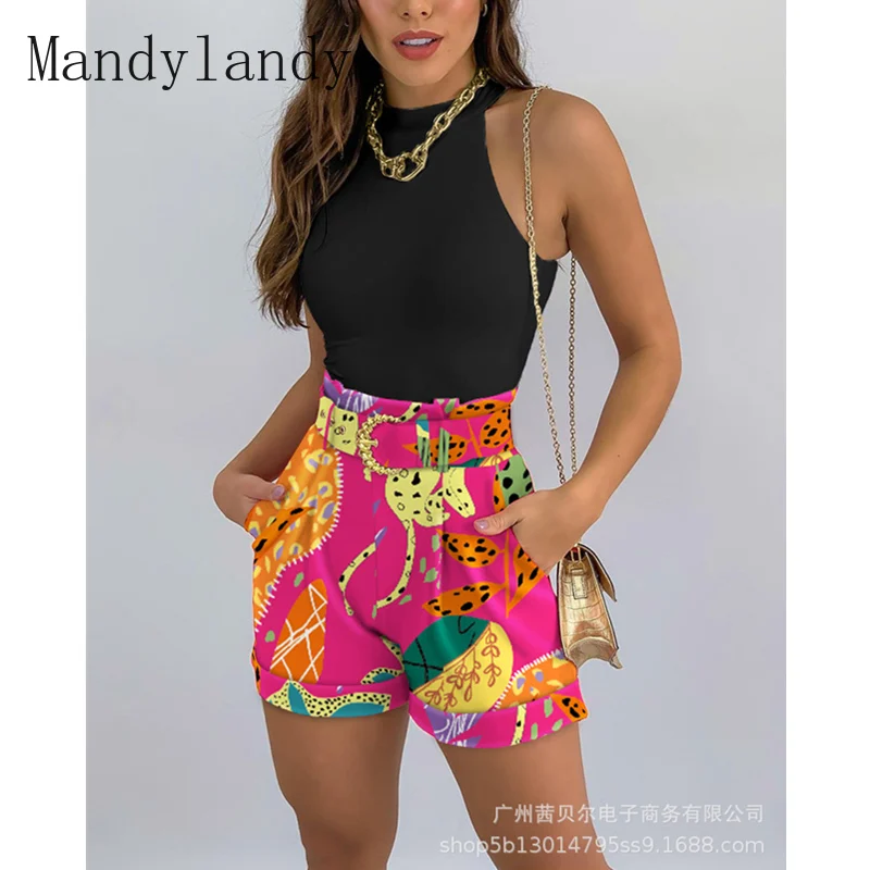 

Женский спортивный костюм Mandylandy, элегантная рубашка-жилет в стиле пэчворк + Прямые шорты с высокой талией, комплект из двух предметов, летни...