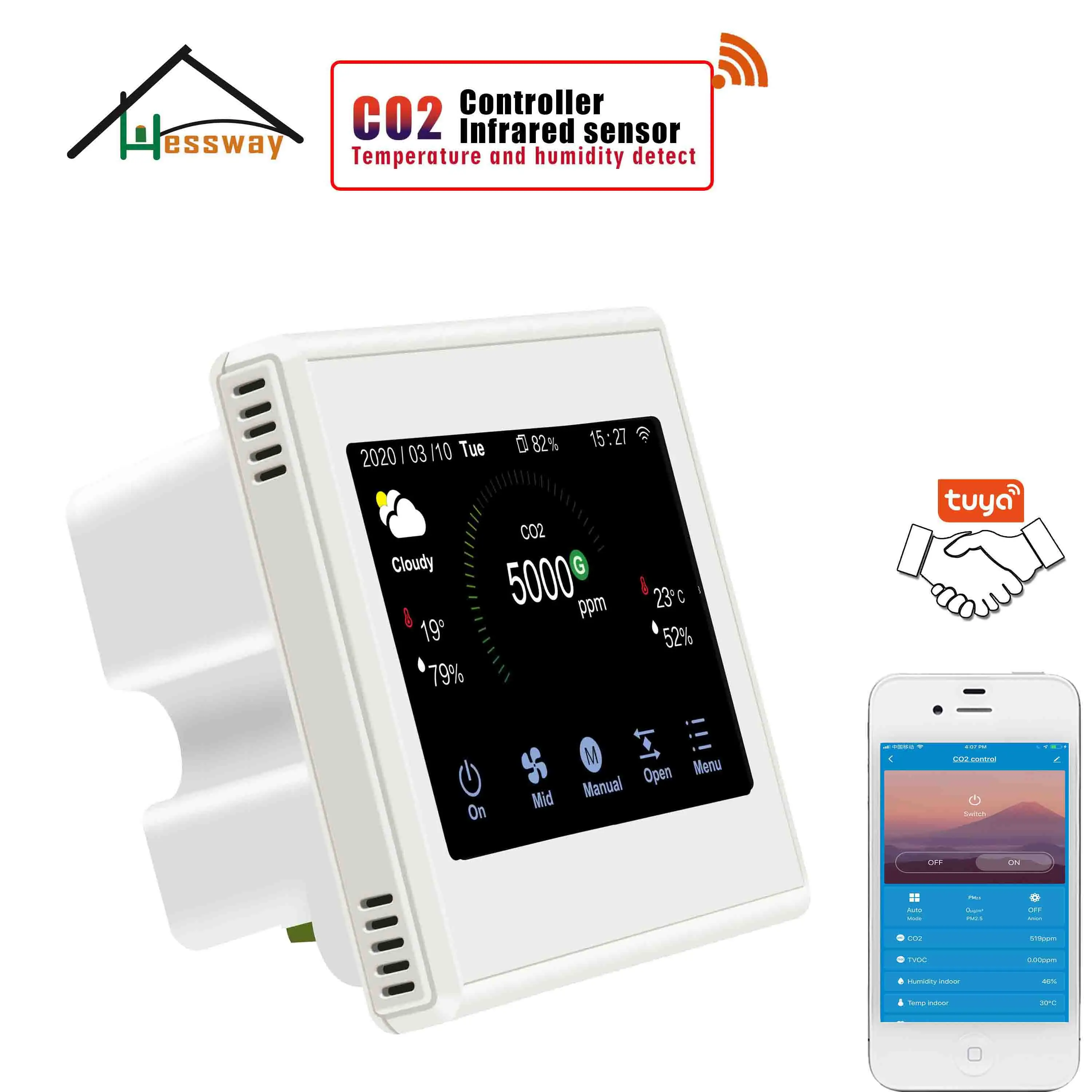 HESSWAY TUYA APP цветная Сенсорная технология Ndir CO2 Датчик WIFI для системы вентиляции