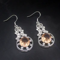 gemstonefactory big promotion single unique 925 silver round honey topaz dangle drop earrings jewelry for women mom 20213737