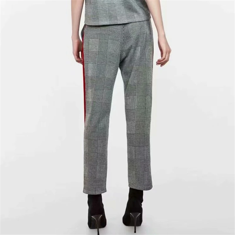 

Fashion Women Grey Plaid Pants 2020 Elegant Ladies Straight Trousers Streetwear Female Vintage Drawsting Ankle-Length Pants