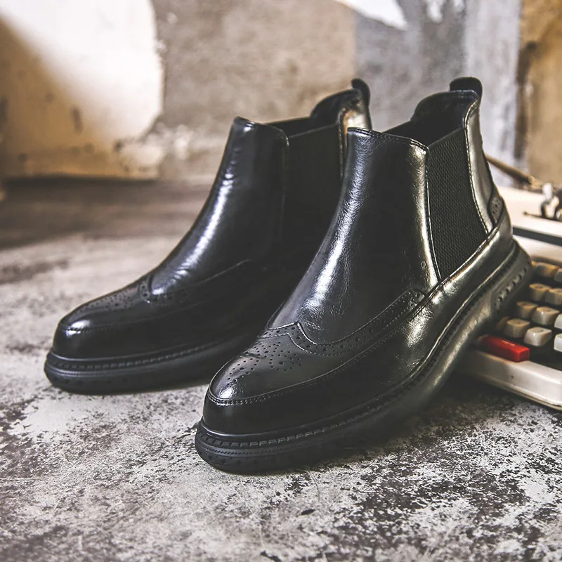 Модные мужские ботинки в британском стиле Броги из коровьей кожи Черные Челси botas