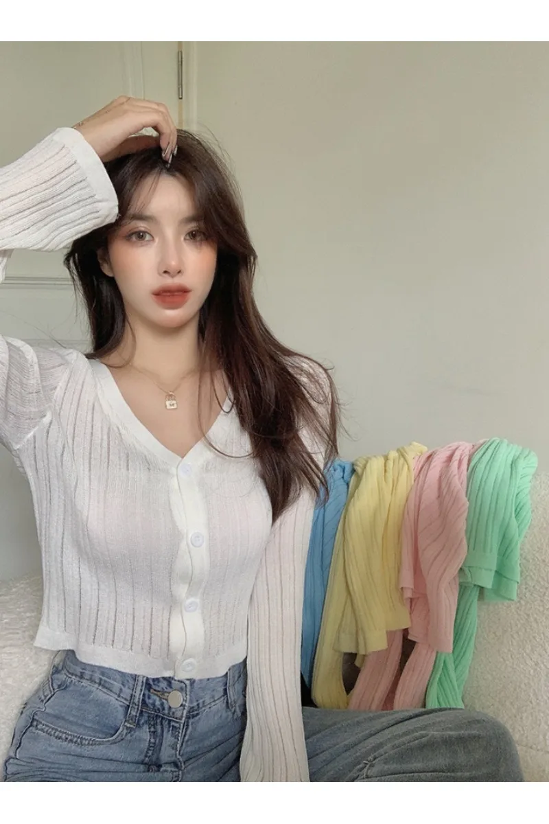 

V-neck Loose Sun-Protection Cardigan Thin Long Sleeve Smock Top 2021 Summer New Solid Colour Elegant Slim Fit Knitted Sweater