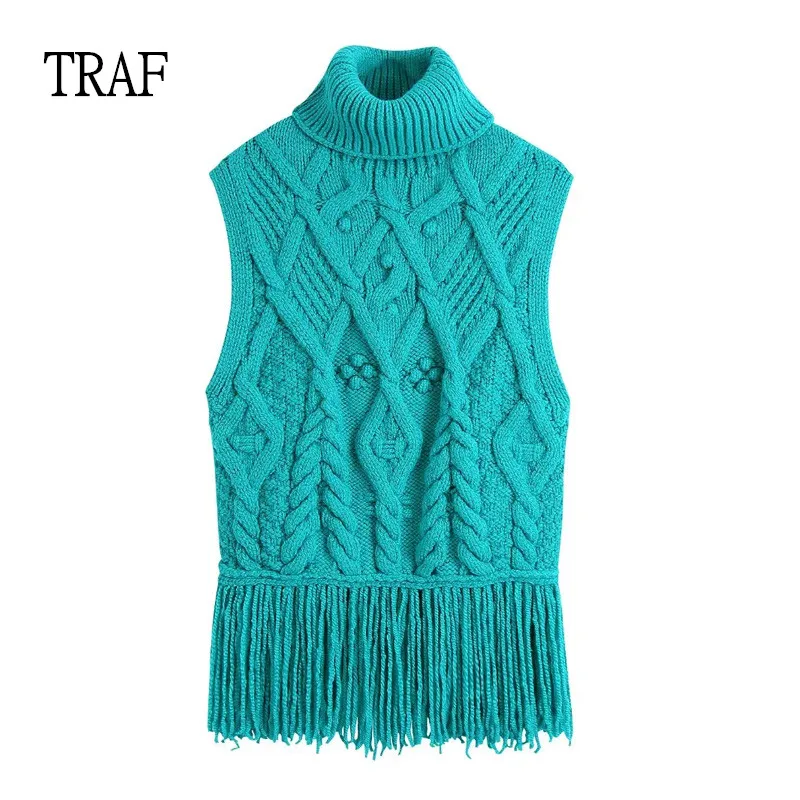 

TRAF Turtleneck Women Vest Autumn 2021 Fashion Tassel Sweater Sleeveless Vests Women Pulovers Casual Loose Tank Chic Tops