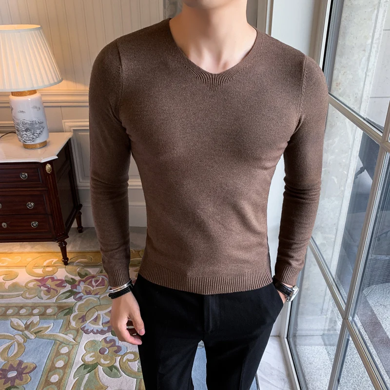 Coffee Тонкий свитер Masuclina круглый вырез Pull Homme пуловер для мужчин Корейский мужской модный свитер черный 4 сплошной цвет облегающий свитер для мужчин - Цвет: Coffee