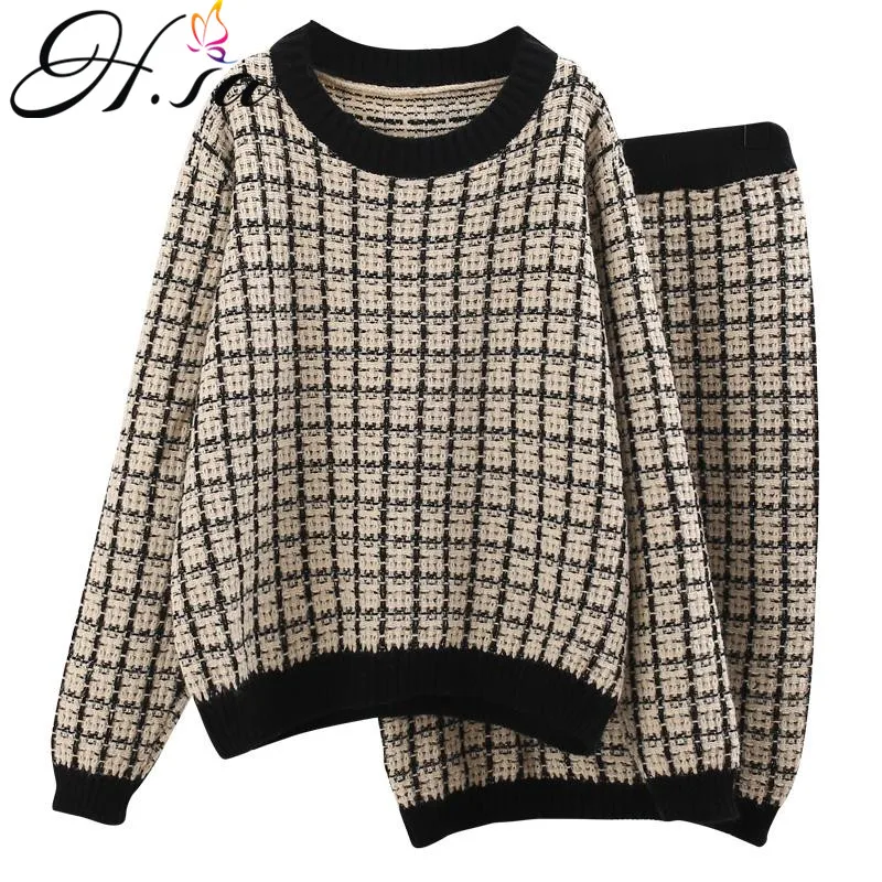 

H.SA Women Sweater Suit and Sets Pullover + Skirts Elegnt Jumpers Outwear Wear Small Plaid Elegant Korean Tops Warm Sweaters