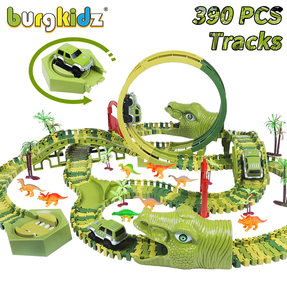 

BURGKIDZ 390 PCS динозавр Набор железной дороги автомобильный трек строительные блоки гибкой гоночной Магия для мальчиков 4 лет подарок