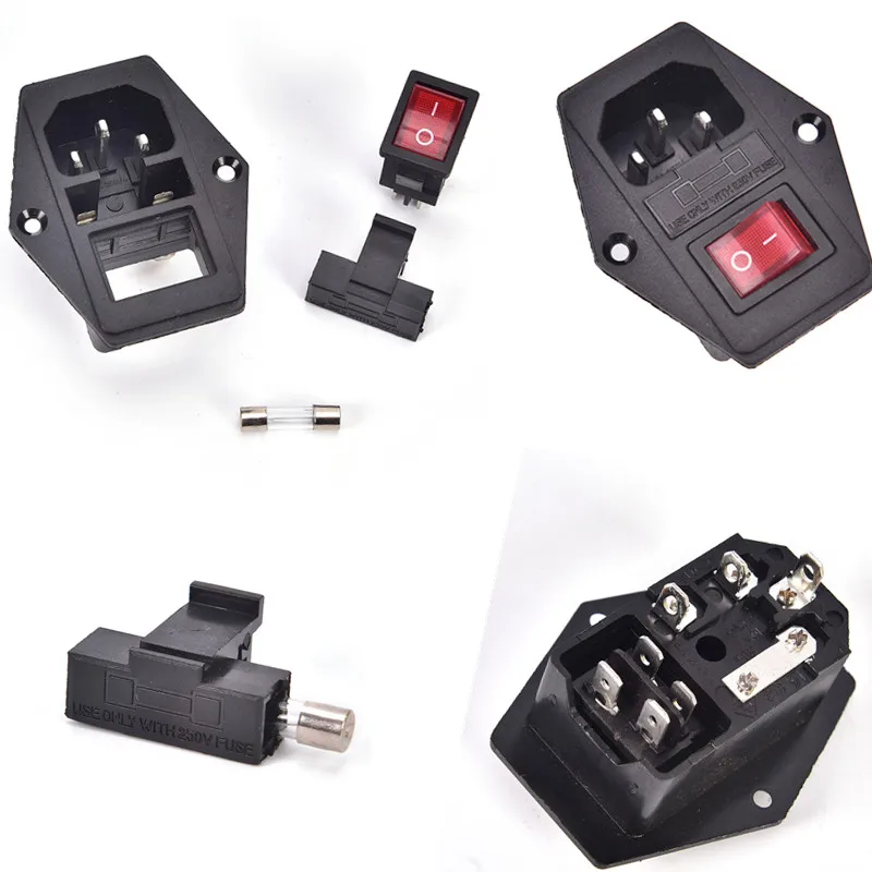 

AC 10A 250V 320 C14 Inlet Power Socket Fuse Switch Connector Plug Connector With 10A Fuse Red Rocker Switch Fused Socket 1PC
