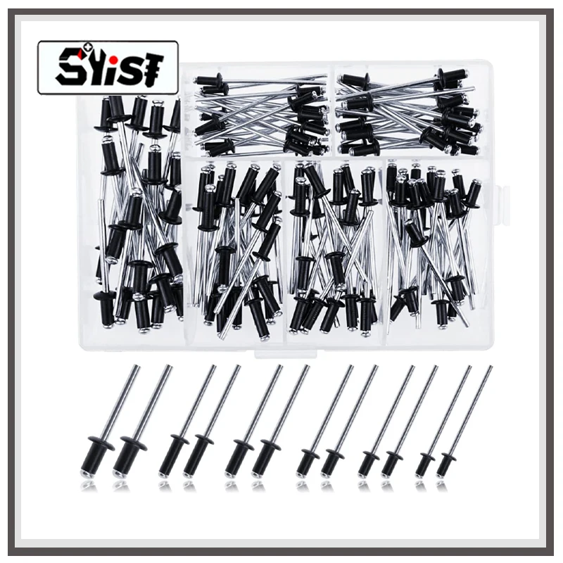 

120pcs Aluminium Blind Rivets Set, M2.4 M3 M4 M3.2 Multiple Sizes Blind Pop Rivets Black Pull Rivets Fasteners Kit with Box