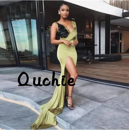 

High Split Evening Dresses V Neck One Sleeve Mermaid robe soiree Islamic Dubai Kaftan Saudi Arabic Prom Gown