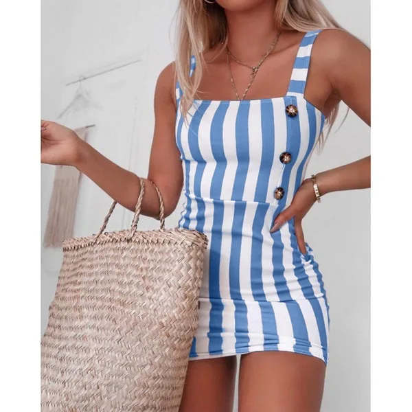 

2020 Summer New Hot Sale Women's Fashion Striped Slim Suspender Short Dress Large Size