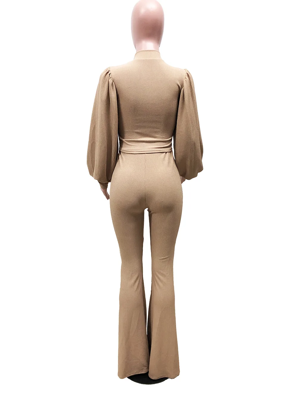 

Two Piece Set Women Knit Outfit Lantern Sleeve Turtleneck Top and Stretch Flared Pants Playsuit Vintage Wholesale Dropshipping