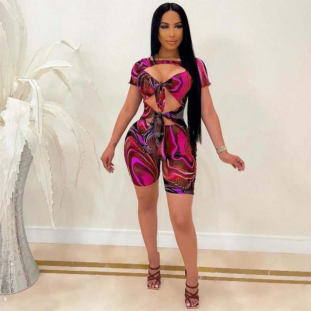 

Waist Band Cut Out Sexy Skinny Playsuit for Women Tied Up Short Sleeve One Piece Overall Summer Female Body-shaping Bodysuits