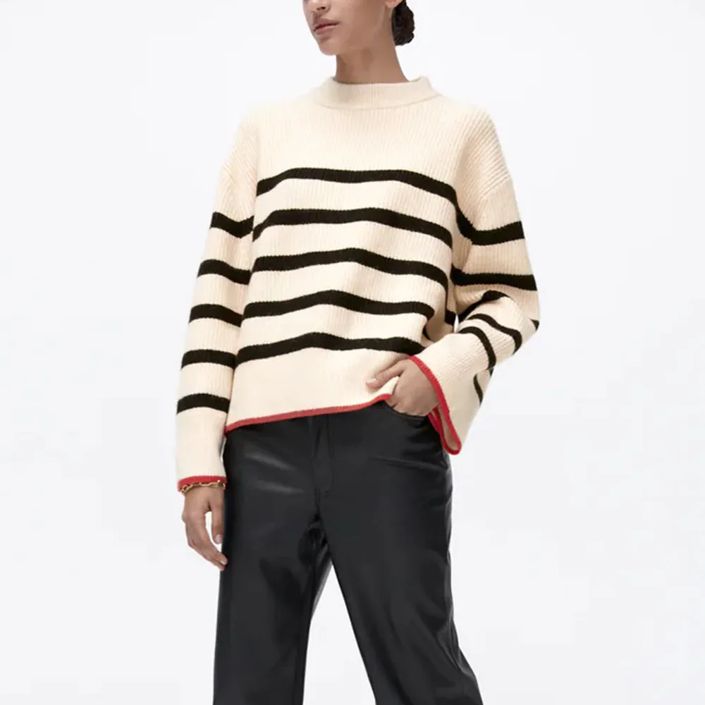 

Женский трикотажный свитер в полоску, винтажный пуловер с круглым вырезом и длинным рукавом, шикарные топы, осень 2021