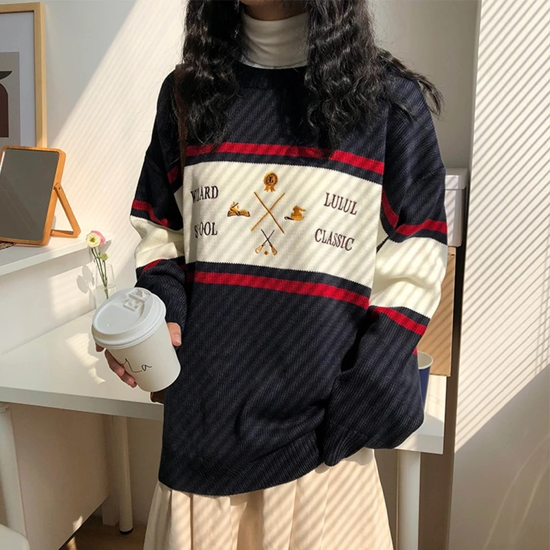 3 colors 2019 autumn and winter korean style letter embroidery Pullovers Sweaters Knitted Sweater Stripe sweaters womens (X125) | Женская