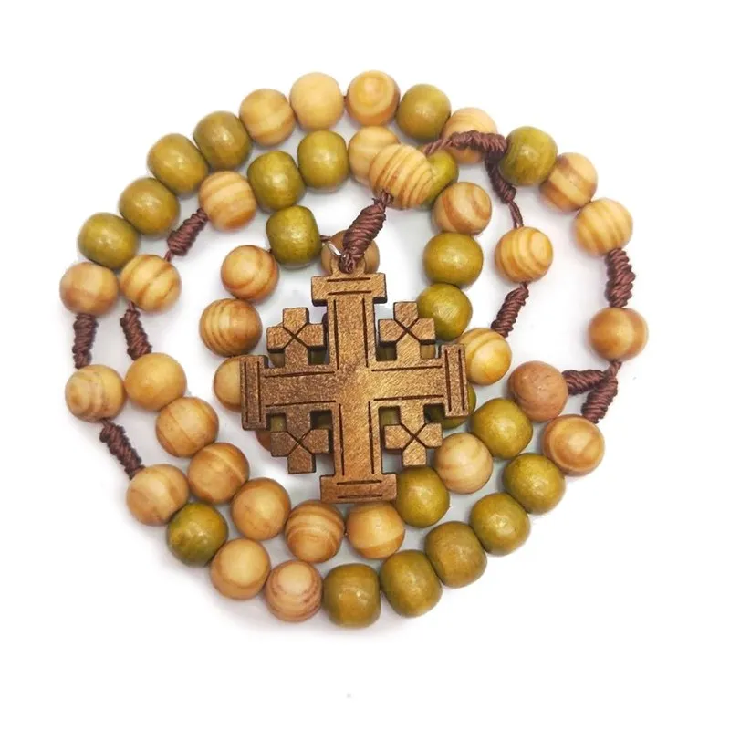 

New Fashion Style Catholic Jewelry Accessories Hand-woven Cross Pray Wooden Rosary Necklace Present For Unisex