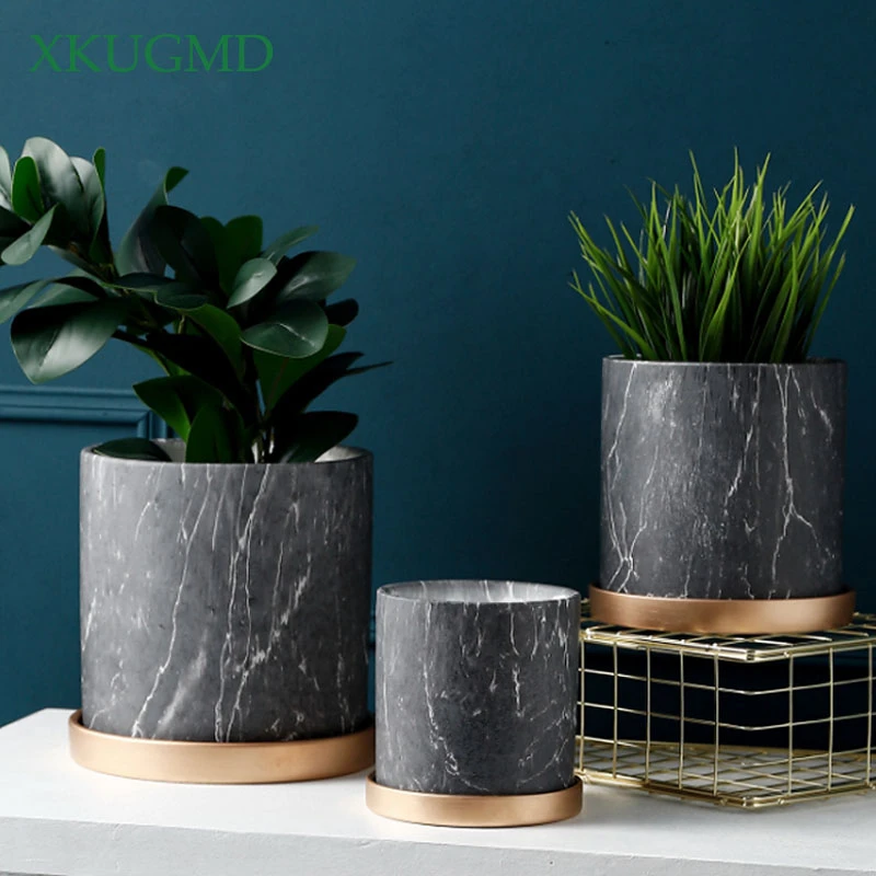 

Marble Ceramic Flower Pot With Tray Straight Flowerpot Desktop Flower Arrangement Container Home Crafts Decoration