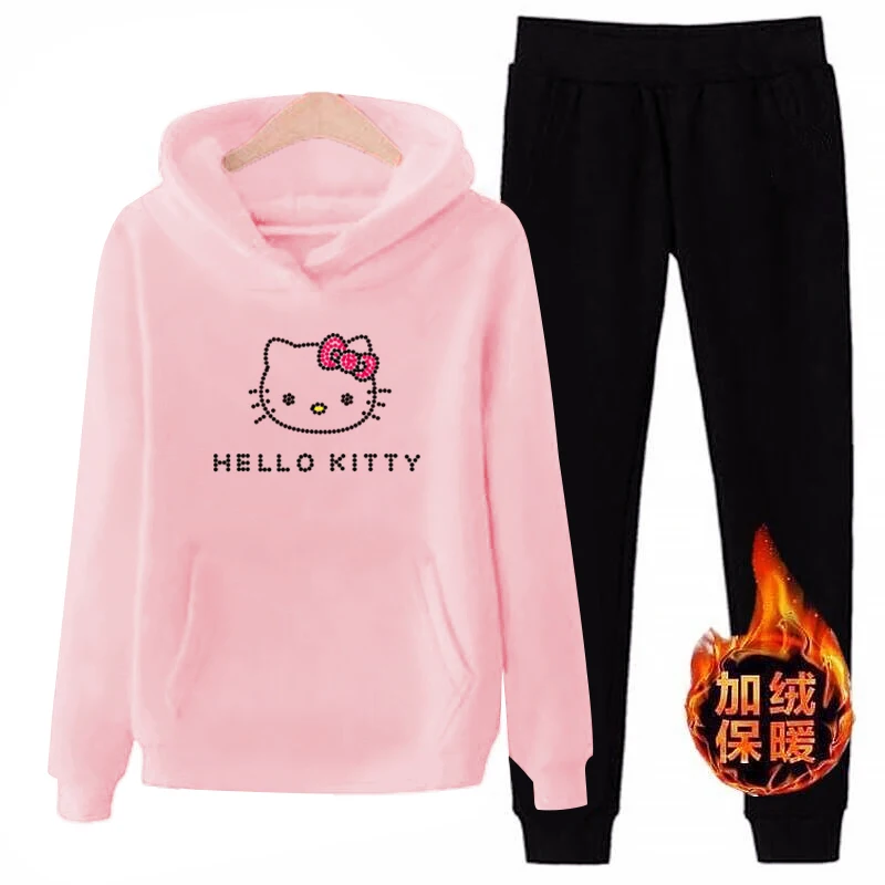 T11 3xl плюс размер hello-kitty зимние женские 2 шт с длинным рукавом флисовые толстовки с капюшоном комплект пуловер костюм спортивные костюмы одежда