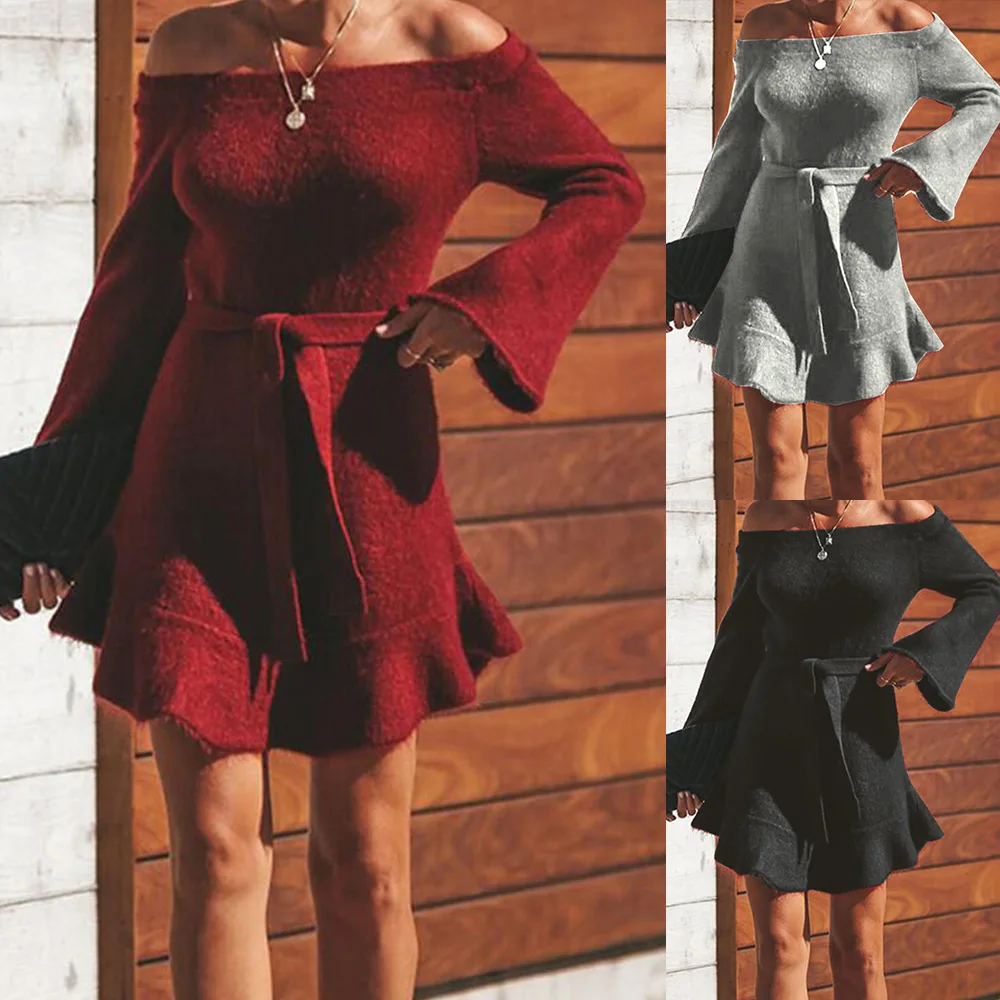 

2021 Autumn and Winter Plush Wide-sleeved Strappy Temperament Self-cultivation Long Dress with Big Swing Short Skirt Women