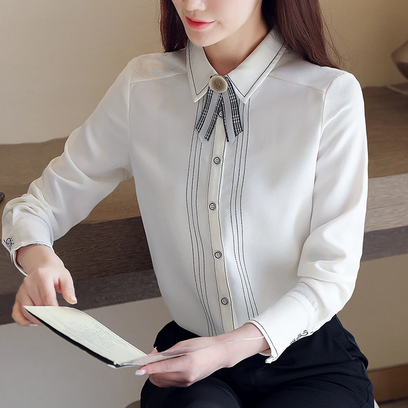 

Chiffon Women's Blouse Polo Shirt Solid Casual Long Sleeve Top Spring Autumn Fashion Clothing Lady Houthion