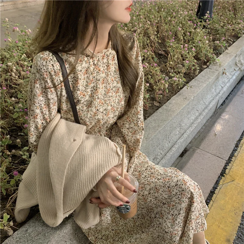 

Spring French Vintage Print Long Sleeve Woman Dress Elegant Lace Stand Collar Vestido Mujer 2021 Temperament Sweet Femme Robe