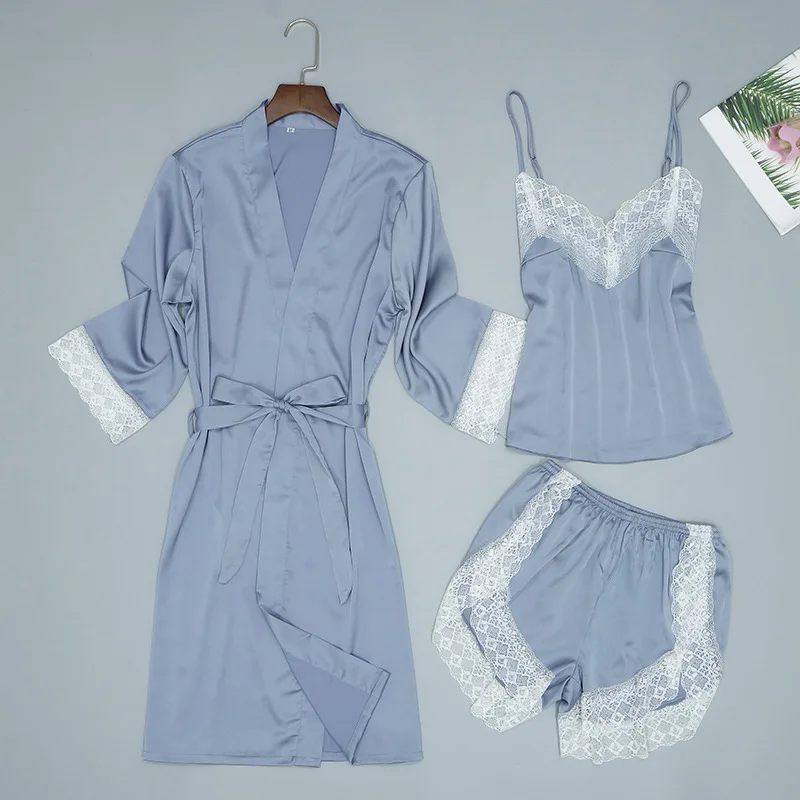 Серая Летняя женская домашняя одежда пижамы 3 шт ремень топ брюки костюм