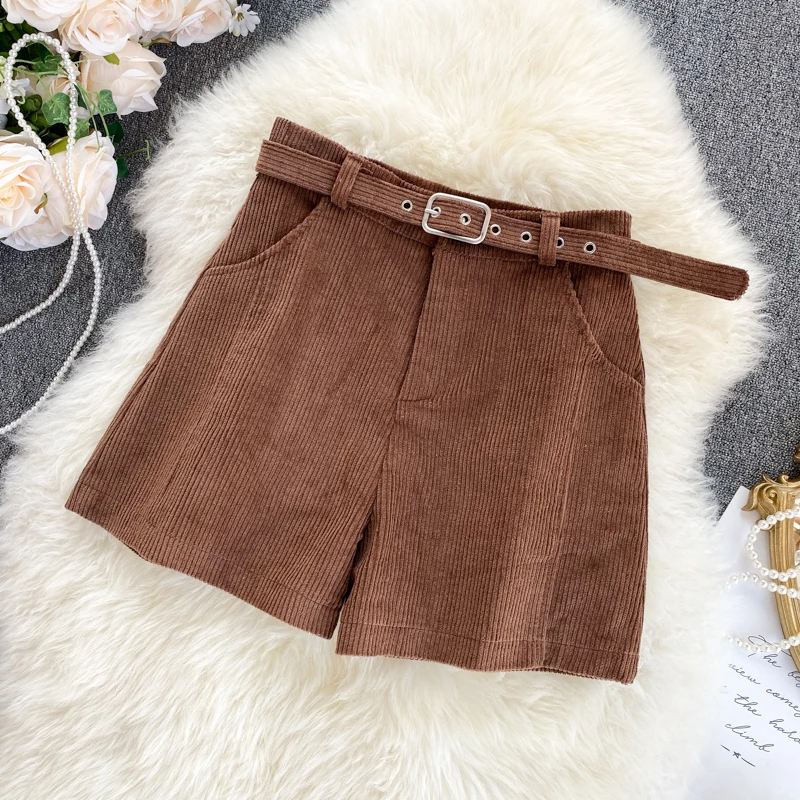 

FTLZZ New Spring Summer Women Vintage High Waist Corduroy Solid Color Shorts With Belt Casual Female Wide Leg Balck Shorts