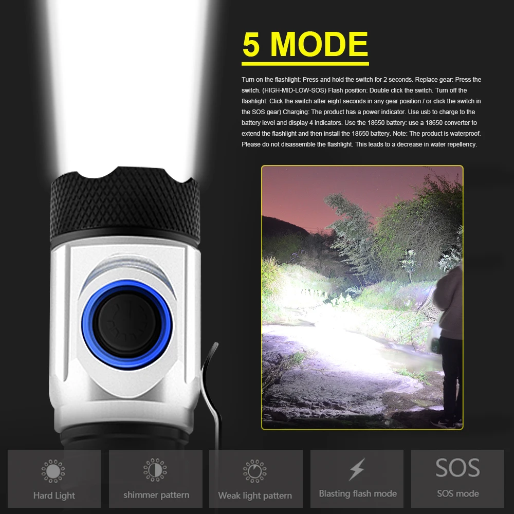 Мини самый мощный светодиодный фонарик usb 2 XP G3 водонепроницаемый 18350 или 18650