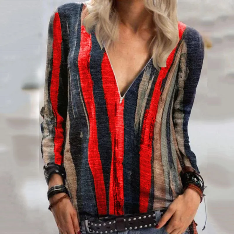 

Женская футболка в полоску, с длинным рукавом и V-образным вырезом, на молнии, футболки, размера плюс