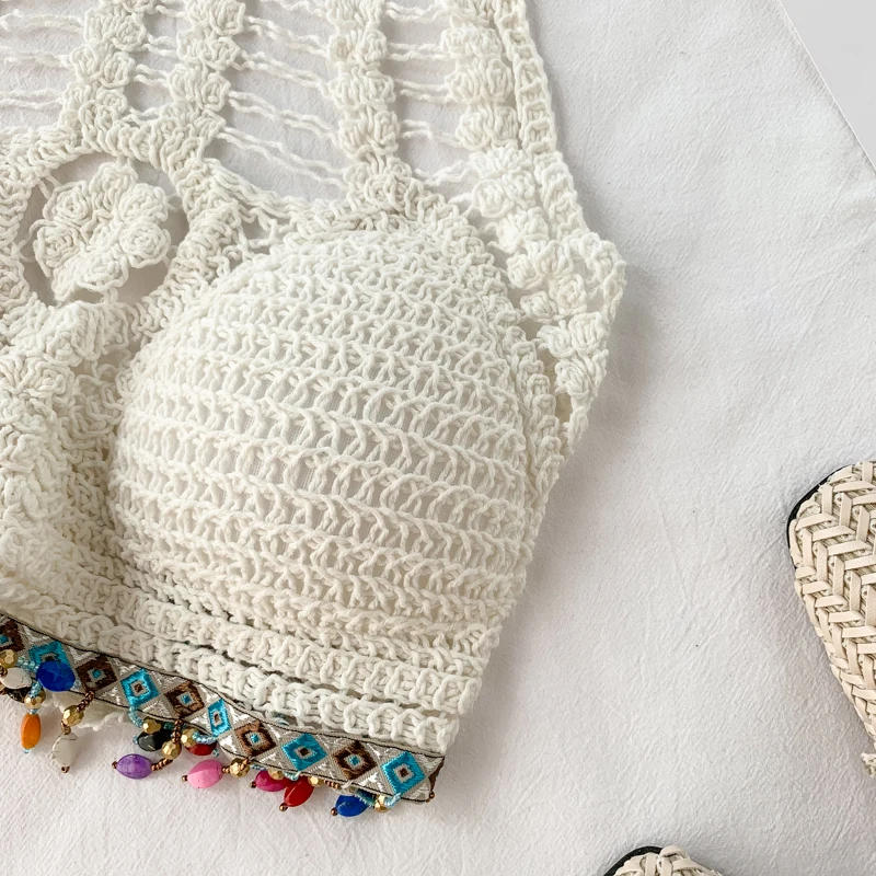 

Yzeqi Sexy New Summer Short Blouses Women Retro Sequined Hollow Out Female Tops Flower Retro Fashion Style Knitted Halter Tank