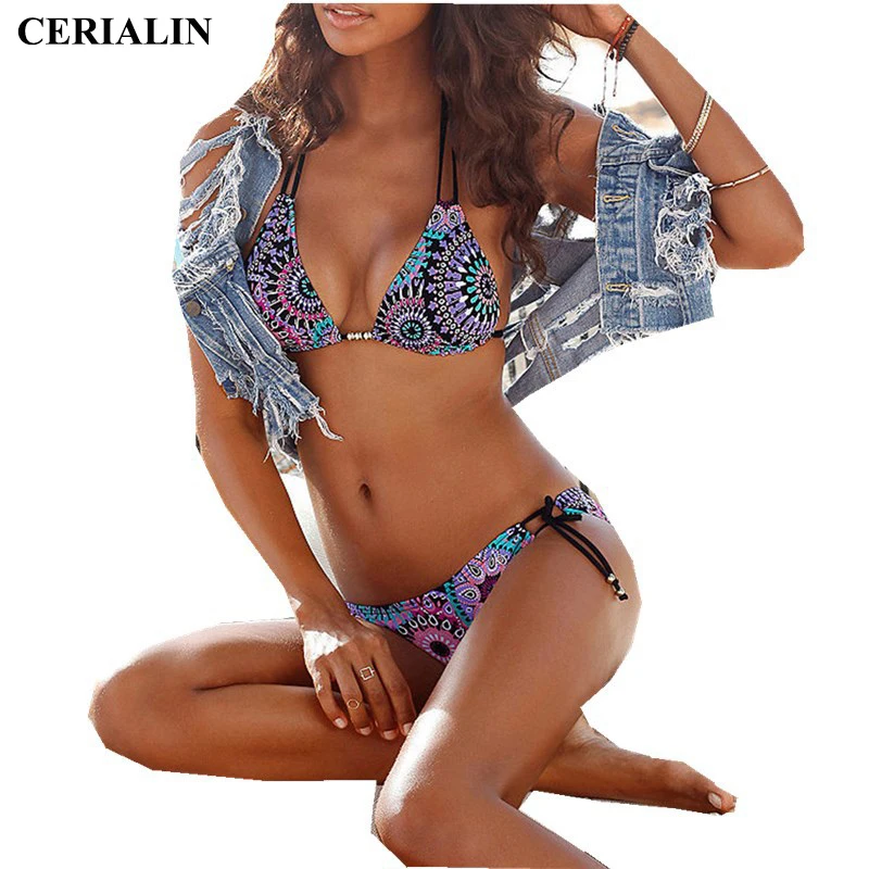 

Геометрический принт с перекрестной шнуровкой стринги комплект бикини для плавания в этническом стиле Стиль Цветочный купальник сексуаль...