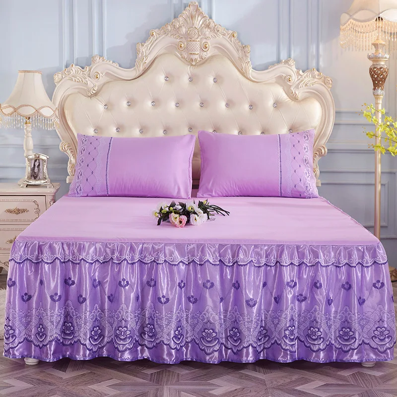 

new Princess Bedding Solid Ruffled Bed Skirt Pillowcases Lace Bed Sheets Mattress Cover Twin King Queen Full Size Bed Cover