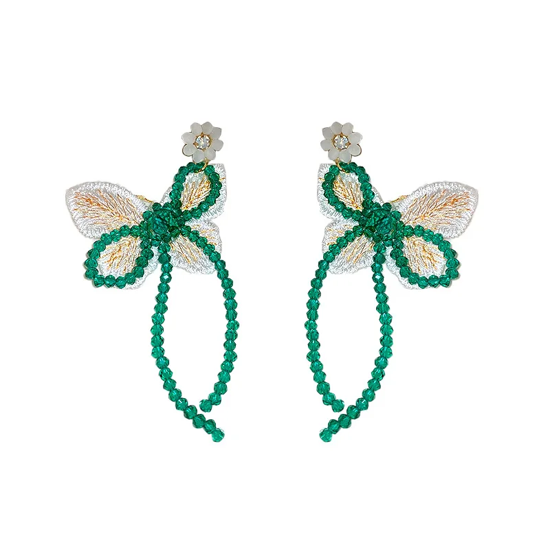 

Minar Korean Retro Green Color Crystal Butterfly Earrings for Women Handmade Knitted Cicada Wings Flower Drop Earrings Gifts