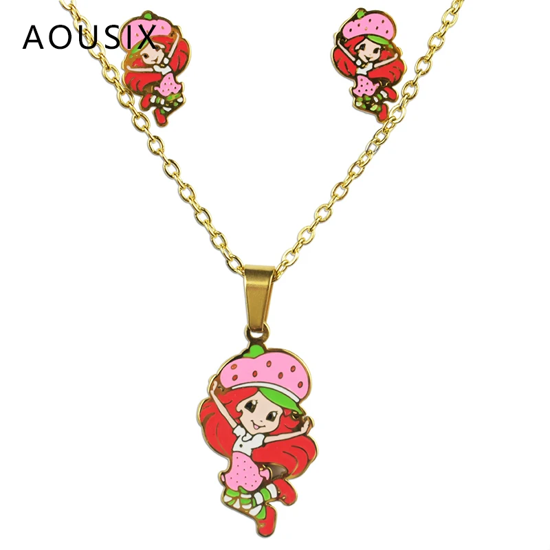 100% позолоченная Нержавеющая сталь розовая клубника девушка ожерелье серьги