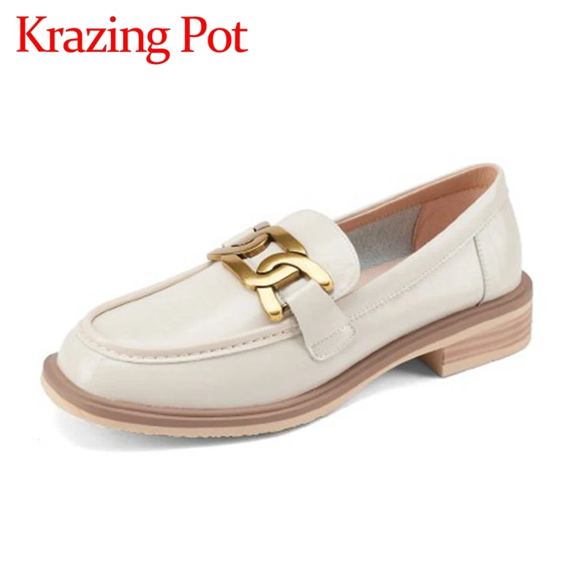 

Krazing pot vintage loafers cow split leather daily wear square toe low heels slip on metal fasteners big size 40 cozy pumps l81
