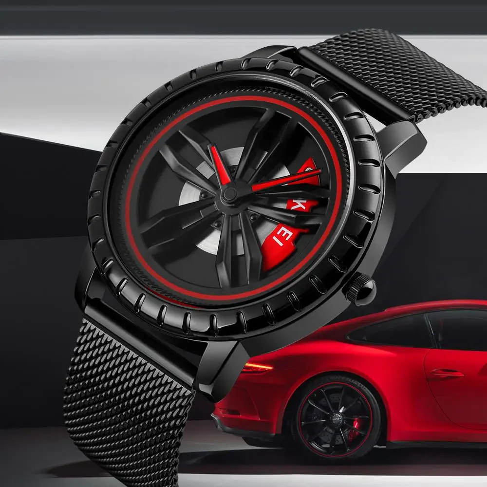 SKMEI1634 Men Quartz Watches Luxury Car Wheel Rotating Dial Creative Waterproof Casual Steel Wristband Relogio Masculino | Наручные часы