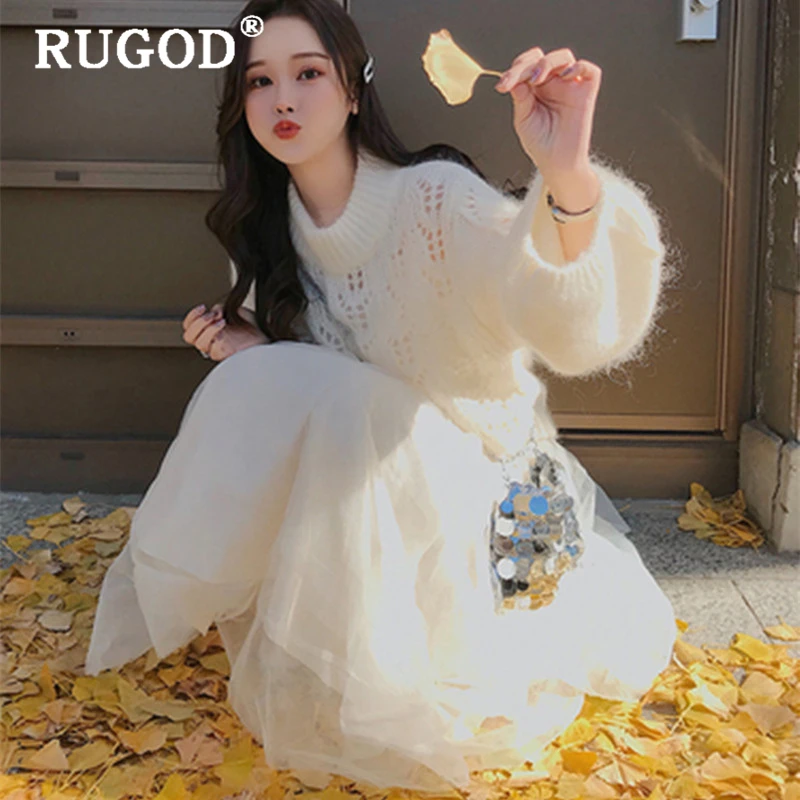 RUGOD Elegant women sweater Korean ins solid round neck hollow out white knitted pullovers female 2019 Casual winter clothes | Женская