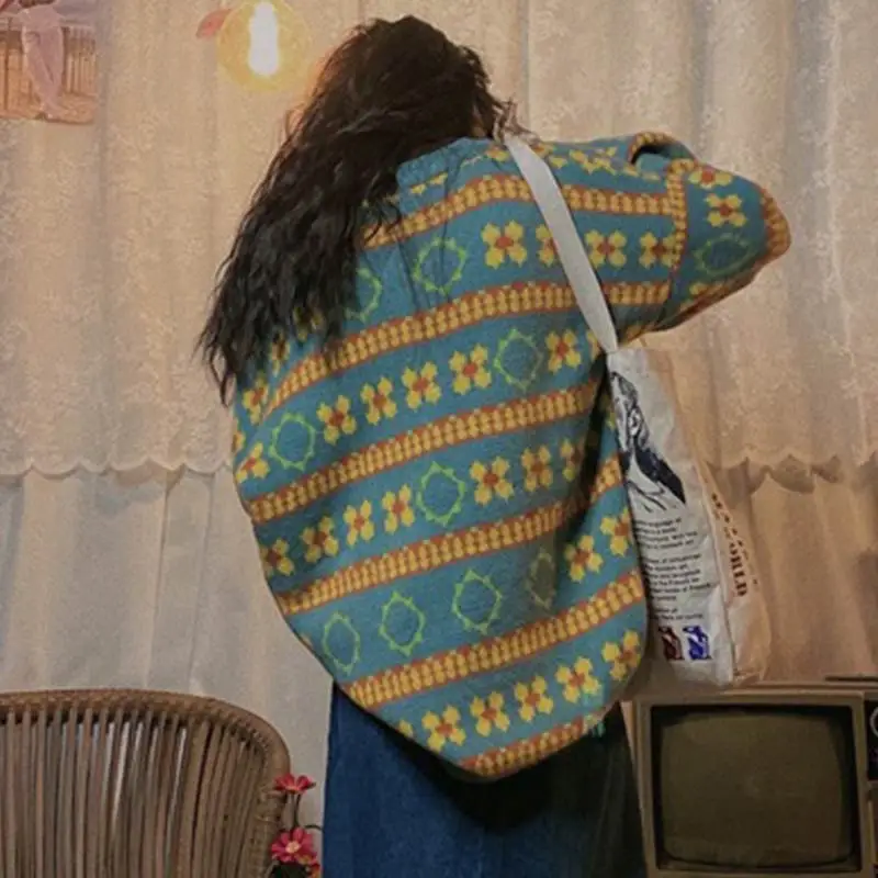 

Vintage Striped Print Sweater Women Pullover Knit Sweater Long-Sleeved Tops Autumn Winter Thick Harajuku Loose Streetwear