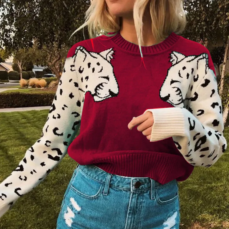Tiger Print Long Sleeve Womens Knitted Sweater Tops Ladies Casual O-Neck Crochet 2019 Autumn Winter Knit Loose Jumper Pullover | Женская