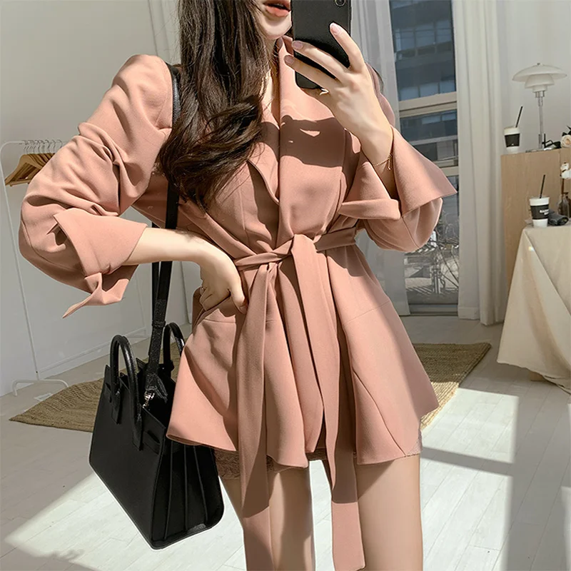 

Korean Women's Dress Temperament Lapel Slim Fit Age Reduction Waist Lace Up Long Sleeve Suit Dress Women