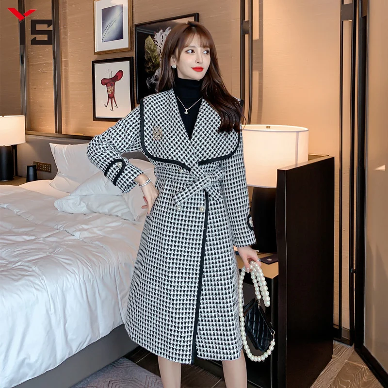 

Women's Clothing Jacket Casual Loose Autumn and Winter Houndstooth New Style Double-breasted Long Lace Up Woolen Coat Jacket