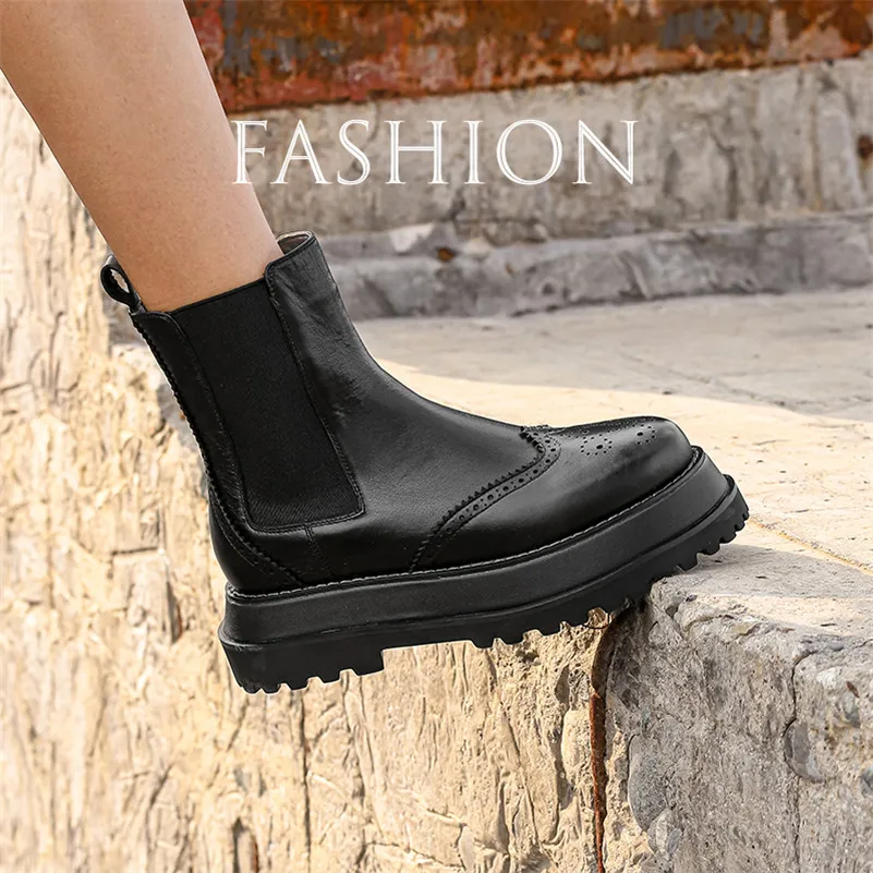 

Meotina Chelsea Boots Women Shoes Genuine Leather Flat Platform Ankle Boots Round Toe Slip-On Short Boots Lady Autumn Brown 40