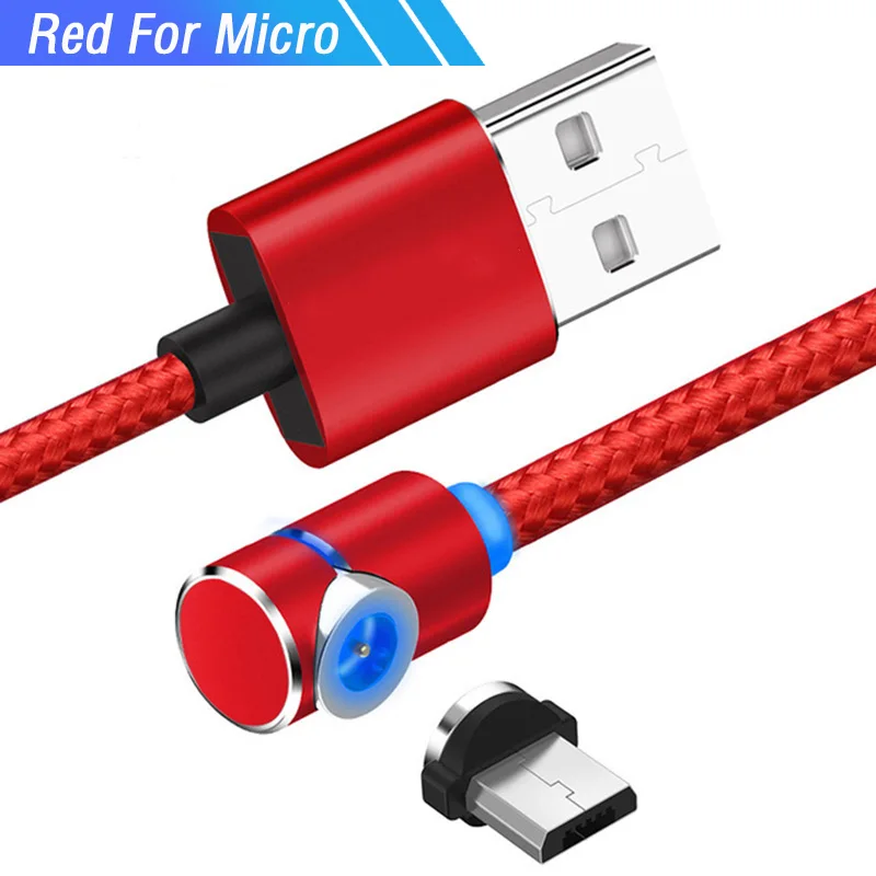 Red For Micro 1 м 90 градусов usb Магнитный зарядный телефонный кабель для iphone type C 3 в 1 нейлоновый плетеный шнур 360 зарядное устройство со светодиодным светильник - Цвет: Red For Micro