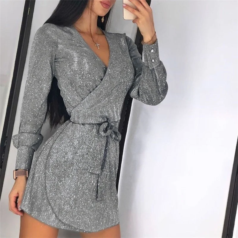 

Sexy Bright Silk Shiny Bodycon Dresses Women Spring Autumn Long Sleeve Belted Party Dress Elegant Glitter Ladies Dress Vestidos