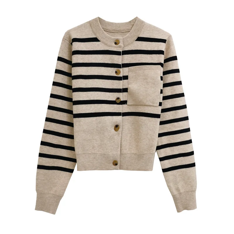

Korea Style Sweater 2021 Autumn New Striped Pocket Knitted Cardigan Long Sleeves Women Contrast Color Wild Vintage Top Sweater