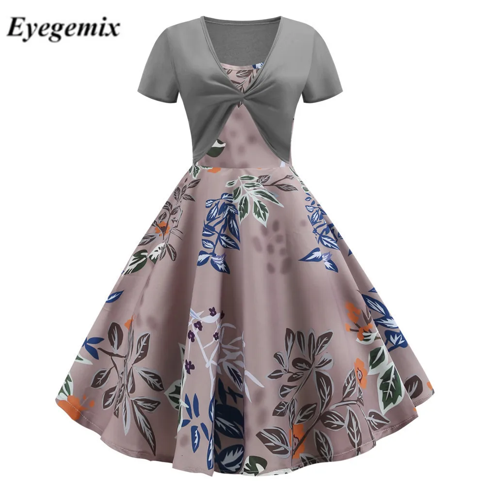 Women Fall Two-piece Patchwork Floral Print Dress Elegant 50 S 60 Vintage Business Party Formal Office Plus Size Work Dresses | Женская
