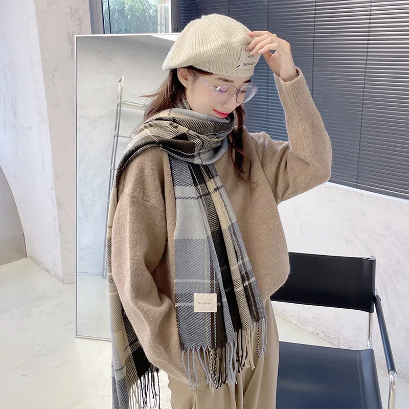 

Autumn and Winter Korean Scarf Women 2021 Mid-length Imitation Cashmere Scarf Retro Warm Plaid Fringed Bib