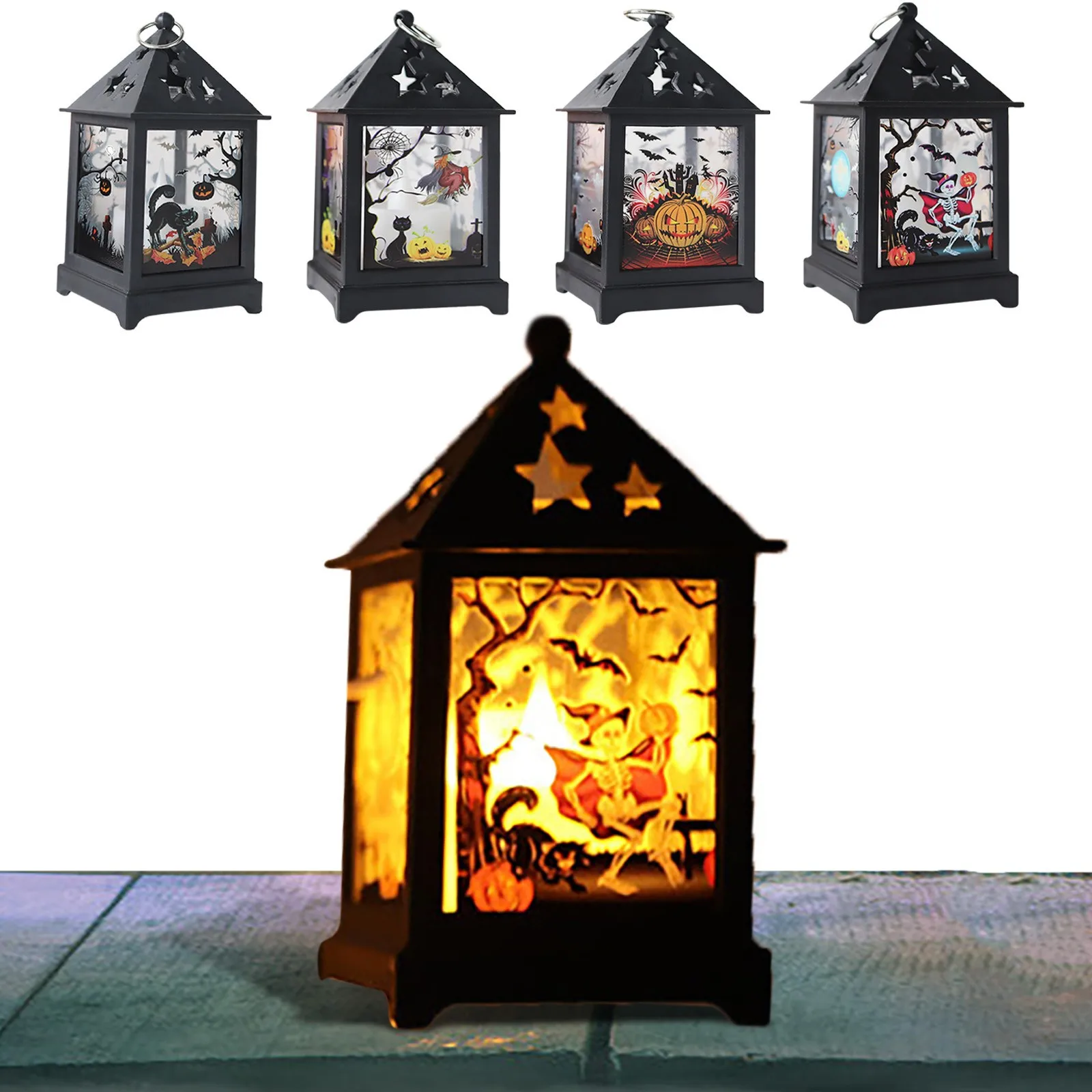 

Halloween Portable Lanterns Orange Candle Led Halloween Lamp Lights, Spooky Skeleton Owl Bat Castle Flame Lights Hanging Lantern