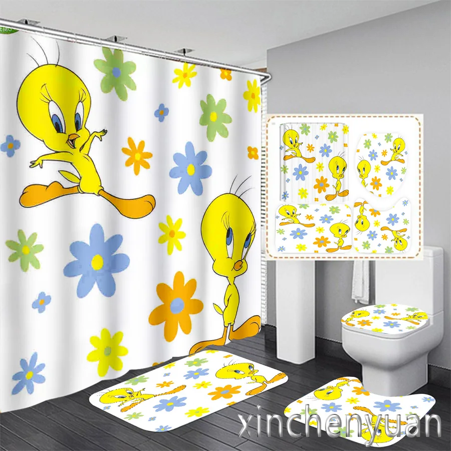 

Tweety Bird 3D Printing Waterproof Bathroom Shower Curtain Toilet Cover Mat Non-Slip Floor Mat Rug (1/3/4Pcs) W16