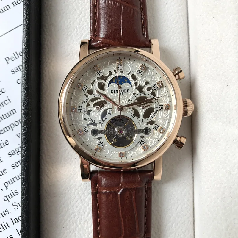 Автоматические часы KINYUED мужские водонепроницаемые механические Sun Moon Phase Tourbillon |
